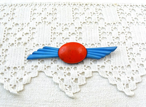 Vintage French Art Deco Blue and Red Celluloid Brooch, Retro Early Plastic Pin Jewelry from France, Bakelite Style Woman's Badge Accessory