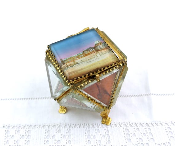 Antique Thick Beveled Glass Trinket Box with Image of Versailles Chateau, Vintage Parisian Chic Style Ormolu Casket Jewelry Box France