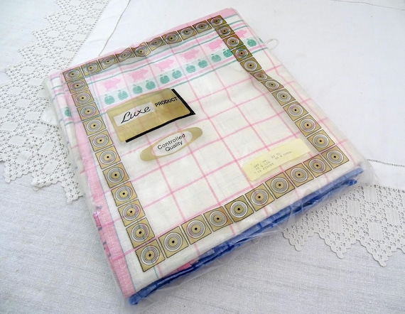 12 Large Vintage Unused New Old Stock Linen and Cotton Tea Towels with Piglet and Apple Woven Pattern in White with Pink Blue and Green