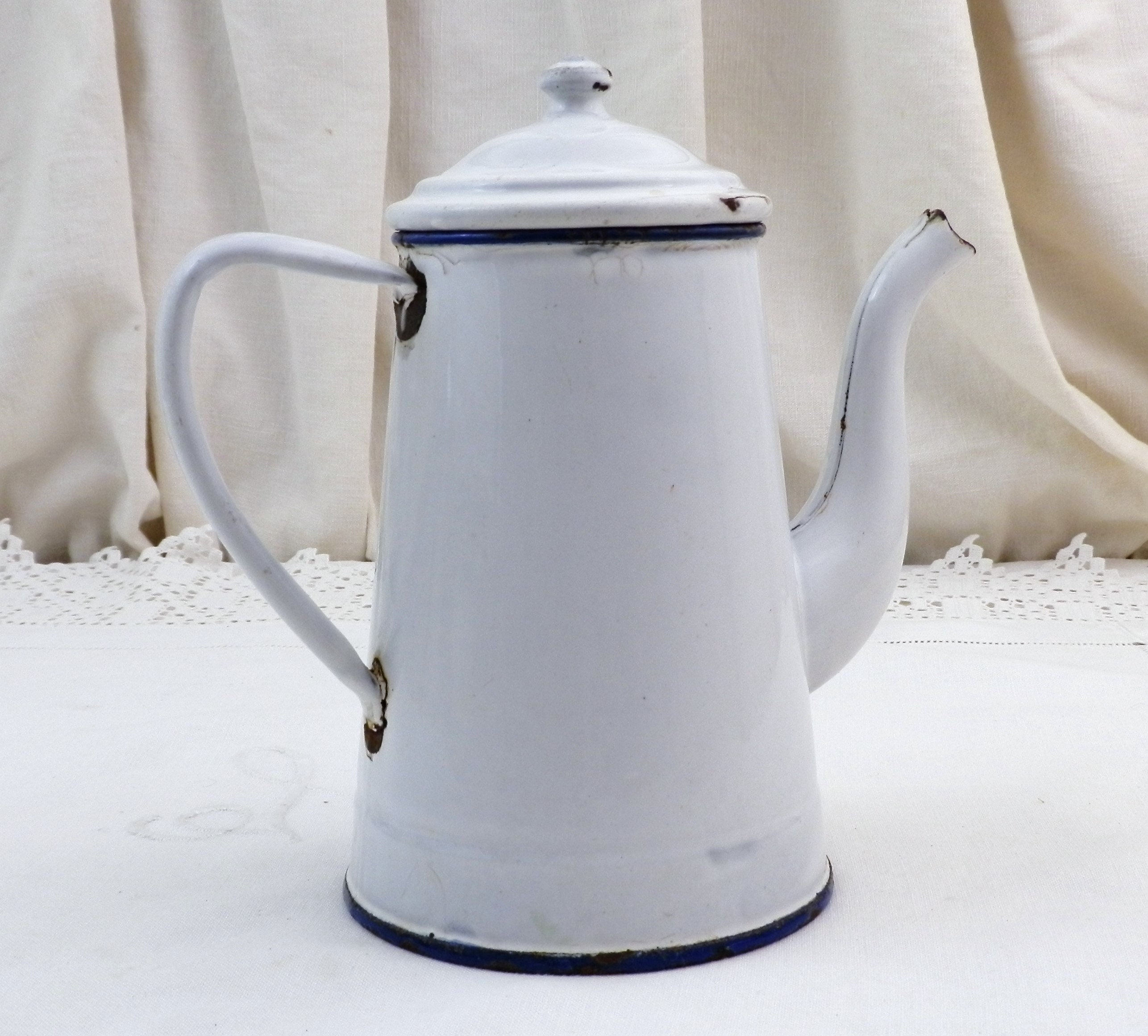 Vintage French White Enamel Porcelain Coffee Pot with Goose Neck Spout, Country Cottage Kitchen