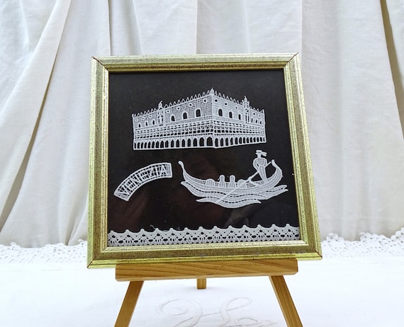Small Italian Framed White Lace on Black Picture From Venice, Retro Souvenir from Italy with Gondola in Gold Gilded Wooden Frame