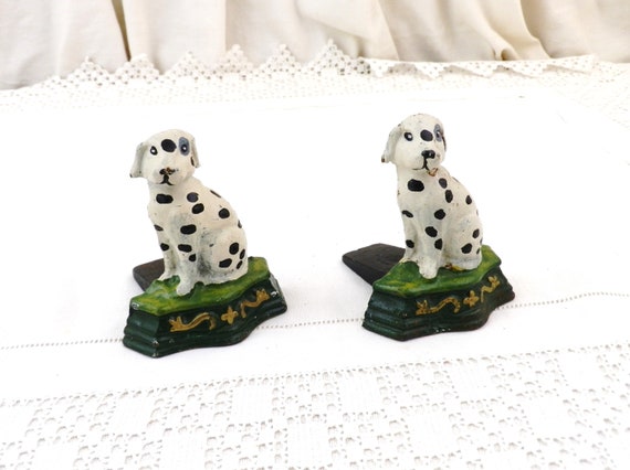 2 Vintage Painted Heavy Cast Metal Black and White Spotty Dog Door Stops, Pair Retro Dalmatian Interior Decor, Dog Lovers Gift from France