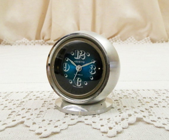 Vintage 1960s Mid Century Modern French 4 Jewel Mechanical Alarm Clock by Vedette with Blue Metallic Face and Machined Brushed Steel Body