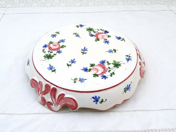 Large Vintage French Traditional Style Kitchen Table Pottery Trivet with Hand Painted Pink Rose Pattern, Retro Big China Plant Pot Stand