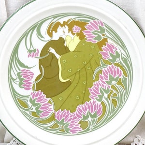 Antik fransk jugend keramiktallrik med 2 kyssande älskare av Keller & Guérin Lunéville, Vintage Jugendstil Mucha Style Embracing Couple bild 5