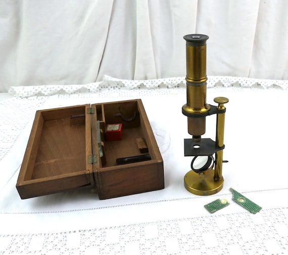 Antique Brass Monocular Microscope with Original Wooden Case, Scientific Instrument, Victorian Laboratory Optical Collectible from France