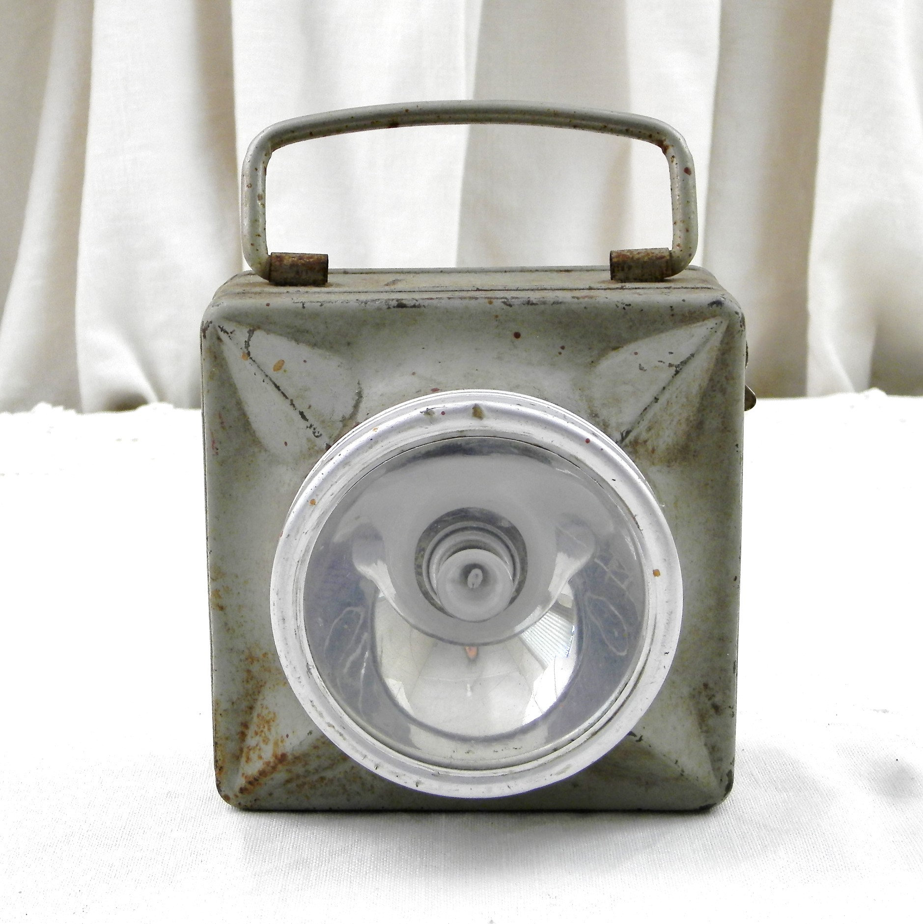 Vintage French Square Gray Metal Hand Held Flashlight By Wonder Model