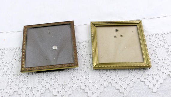 2 Small Vintage Square Brass Portrait Frames Easel Stand or Wall Hanging Made in Denmark, 2 Picture Frames from Scandinavia with Worn Patina