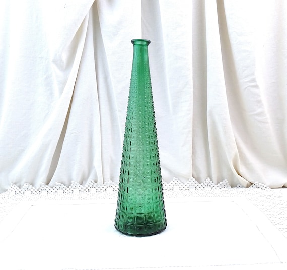 Large Tall Vintage Italian Empoli Style Mid Century 1960s Green Glass Genie Bottle Floor Decanter, Retro European Glassware Carafe MCM Decor