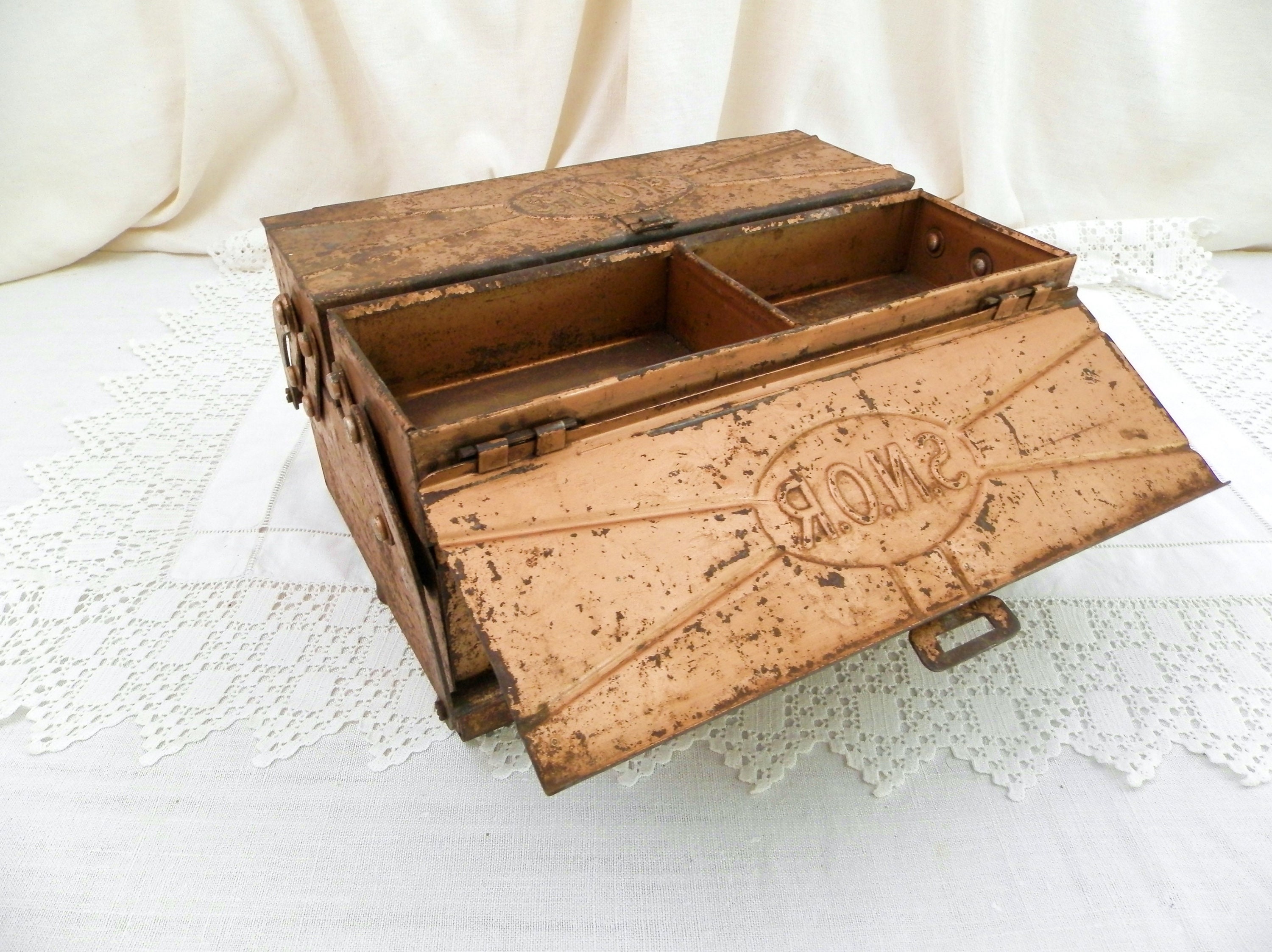 Vintage French 1940s Concertina Painted Metal 2 Handled Tool Box by