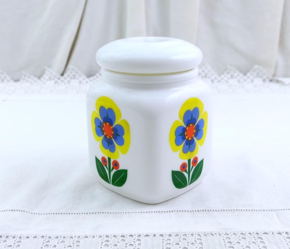 Vintage French Mid Century White Milk Glass Square Storage Jar with Bold Colored Flower Pattern, Retro 60s Kitchen Opaline Canister