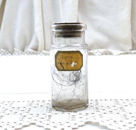 Small Antique French Clear Glass Jar with Cork Paper Label Containing Silver Wire, Vintage Jeweler Shop Curiosity Cabinet, Steampunk Decor