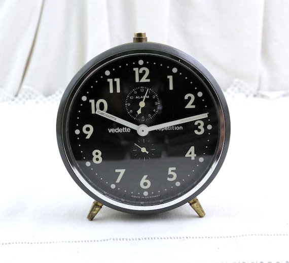 Large Vintage Working Mechanical Wind Up Alarm Clock with Black Face and Repeat Alarm by Vedette, Retro Old Style Time Piece from Germany