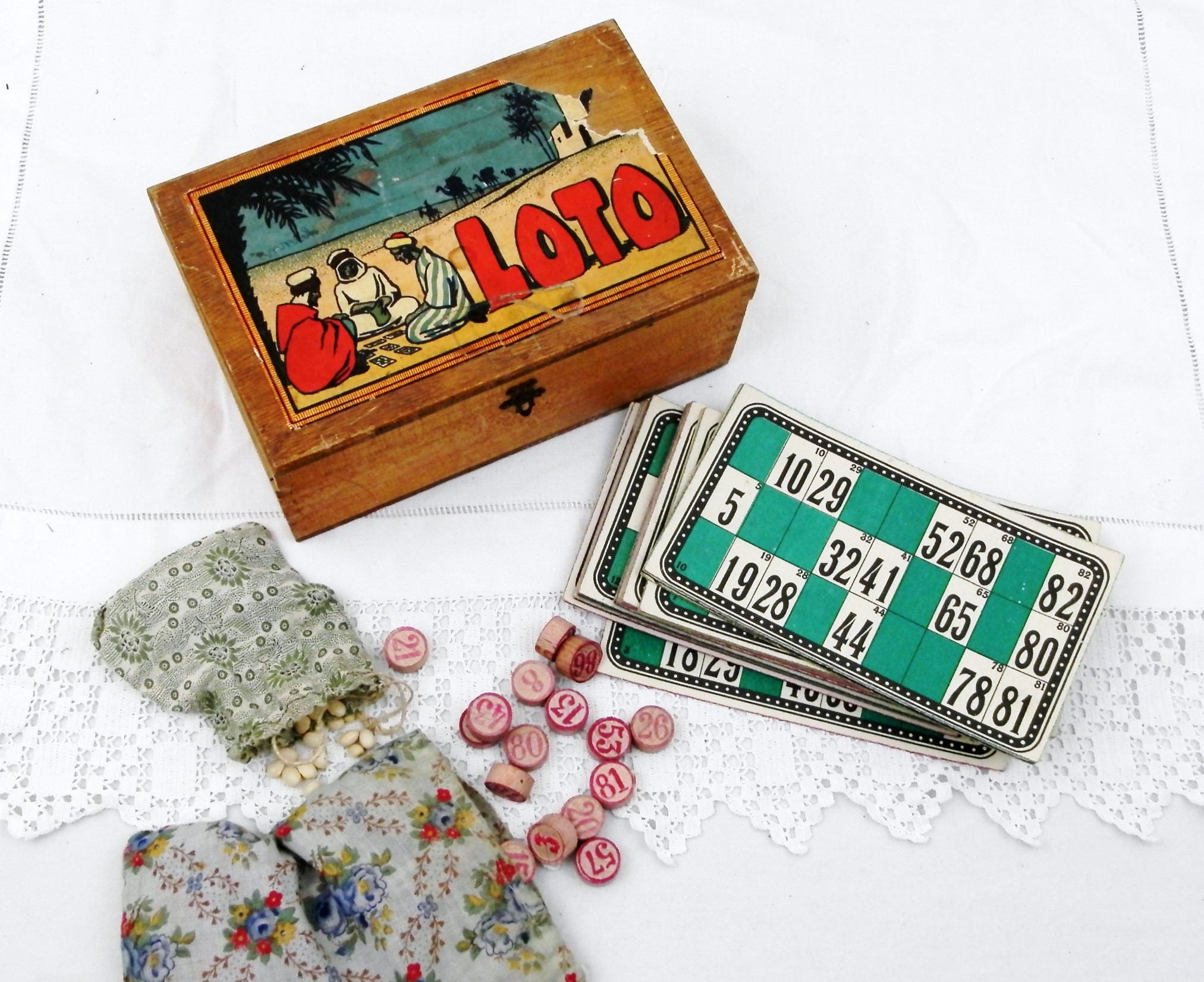 Vintage French Boxed Loto / Bingo Game Illustrated with Scene from North  Africa With Cards and Tiles, Lottery Set from France, Dovetail Box