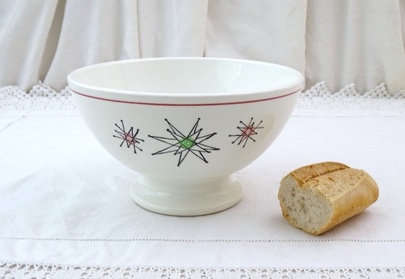 Extra Large Vintage French Mid Century Modern Footed Coffee Bowl with Atomic Age Pattern, Retro 1950s Franciscan Starburst Style Design