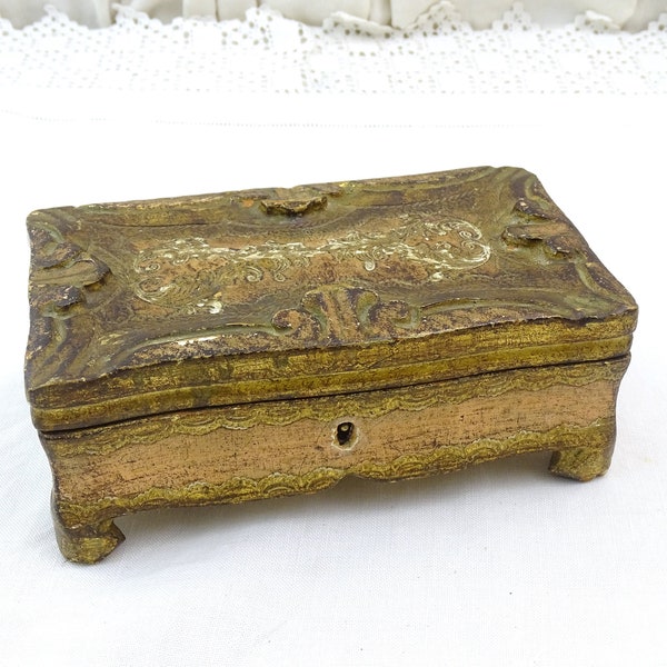 Vintage Italian Florentine Gold Painted Wooden Box, Retro Florentine Golden Colored Jewelry Casket Europe, Curio Venetian Decor from Italy,