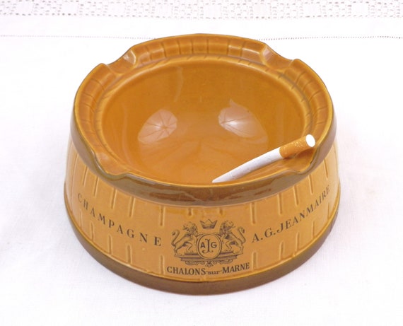 Large Round Vintage French Champagne House Ceramic Cigar Ashtray by A G Jean Marie, Smoking Accessory from France, Upcycled Pottery Dog Bowl