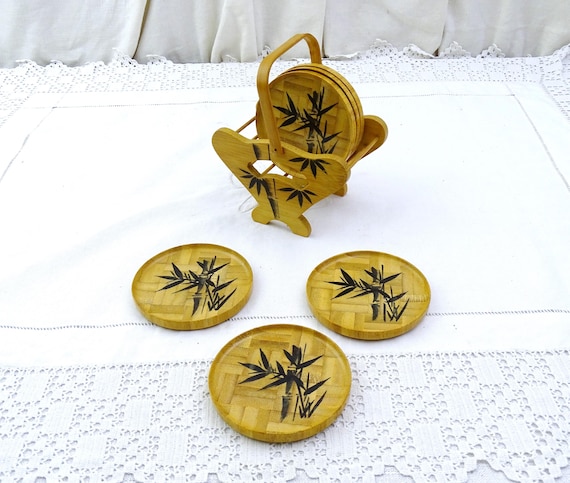 Vintage 1970s Set of 6 Japanese Round Bamboo Coasters with Basket Holder, Retro Natural Eco Friendly Drinks Dinner Party Japan