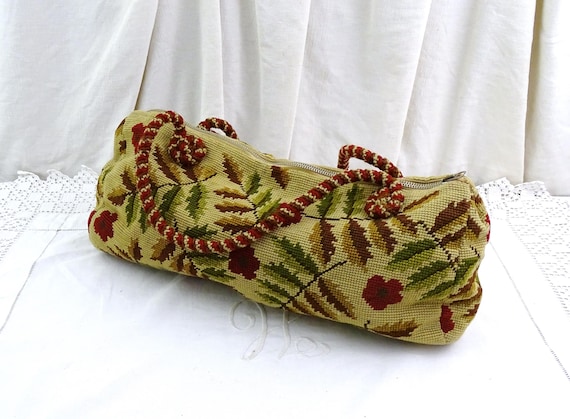 Vintage French 1940s - 1950s Canvas Embroidered Long Thin Round Shoulder Bag with Cord Straps and Pink Rose Cotton Lining, Retro Lady Purse