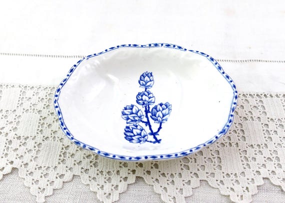 Antique French Oval Ironstone Style Pottery Soap Dish with Blue Hop Flower Pattern, Vintage Ceramic Bathroom Soap Bar Holder France