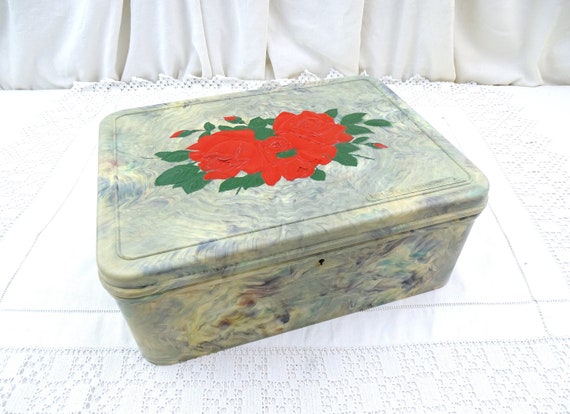 Large Vintage French Marbled Bakelite Rectangular Box Regibana with Red Rose Pattern on Lid, Promotional Mottled Plastic Container France