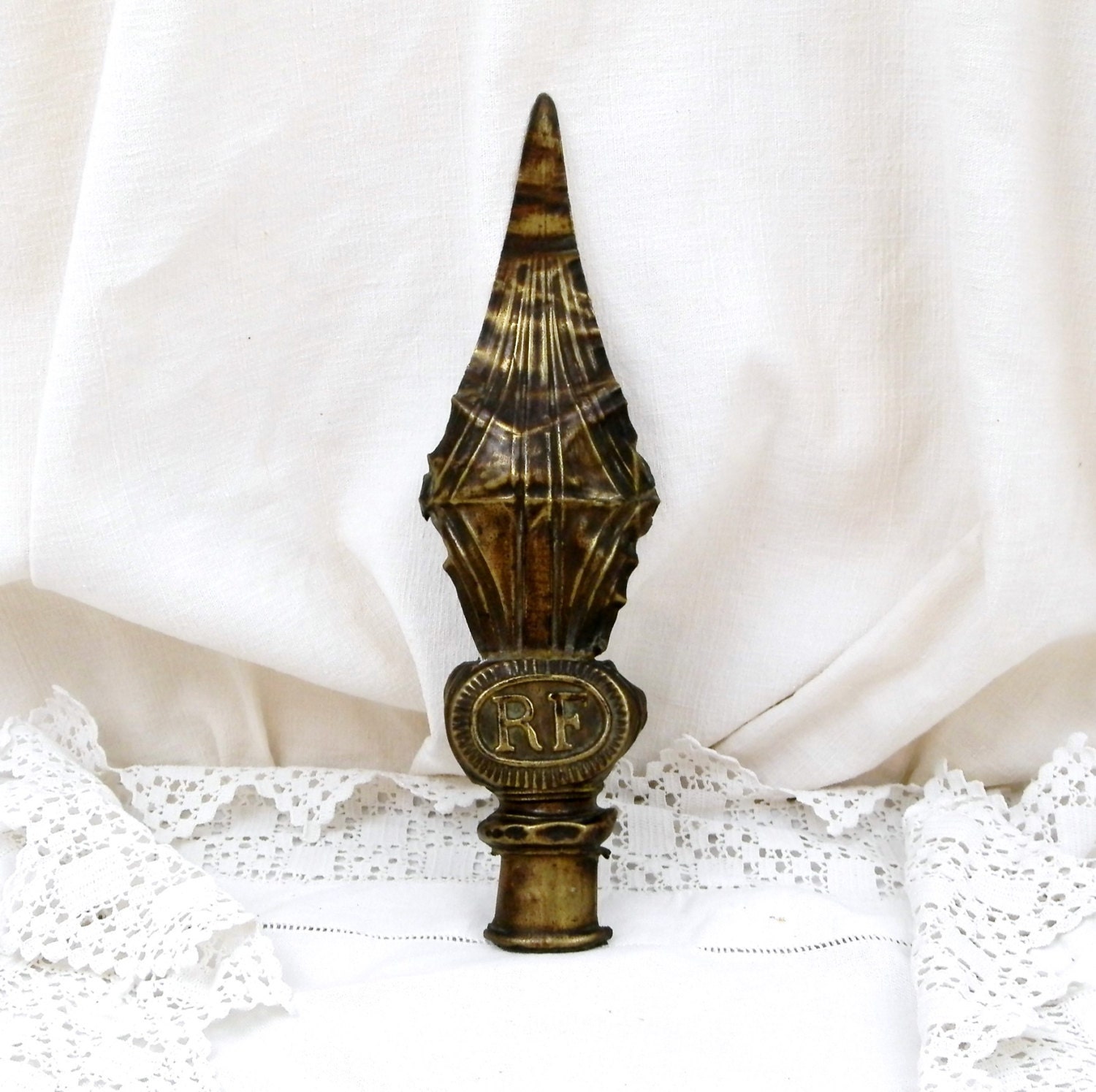 Antique French Brass Reposse Flag Pole Finial, Flagpole Metal Cap