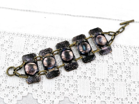 Vintage Mid Century Modernist Enamel Panel Bracelet, 1960s Blue Purple Iridescent Enamel, Textured Metal Links, Statement Jewelry Piece