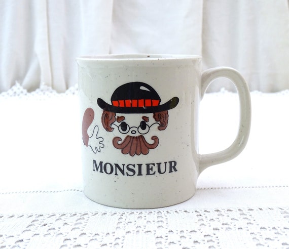 Vintage 1970s Coffee Mug with Monsieur and Stylized Man Pattern, Retro 80s Tea Cup Made in Korea with Moustache, Stoneware Teatime Drinking