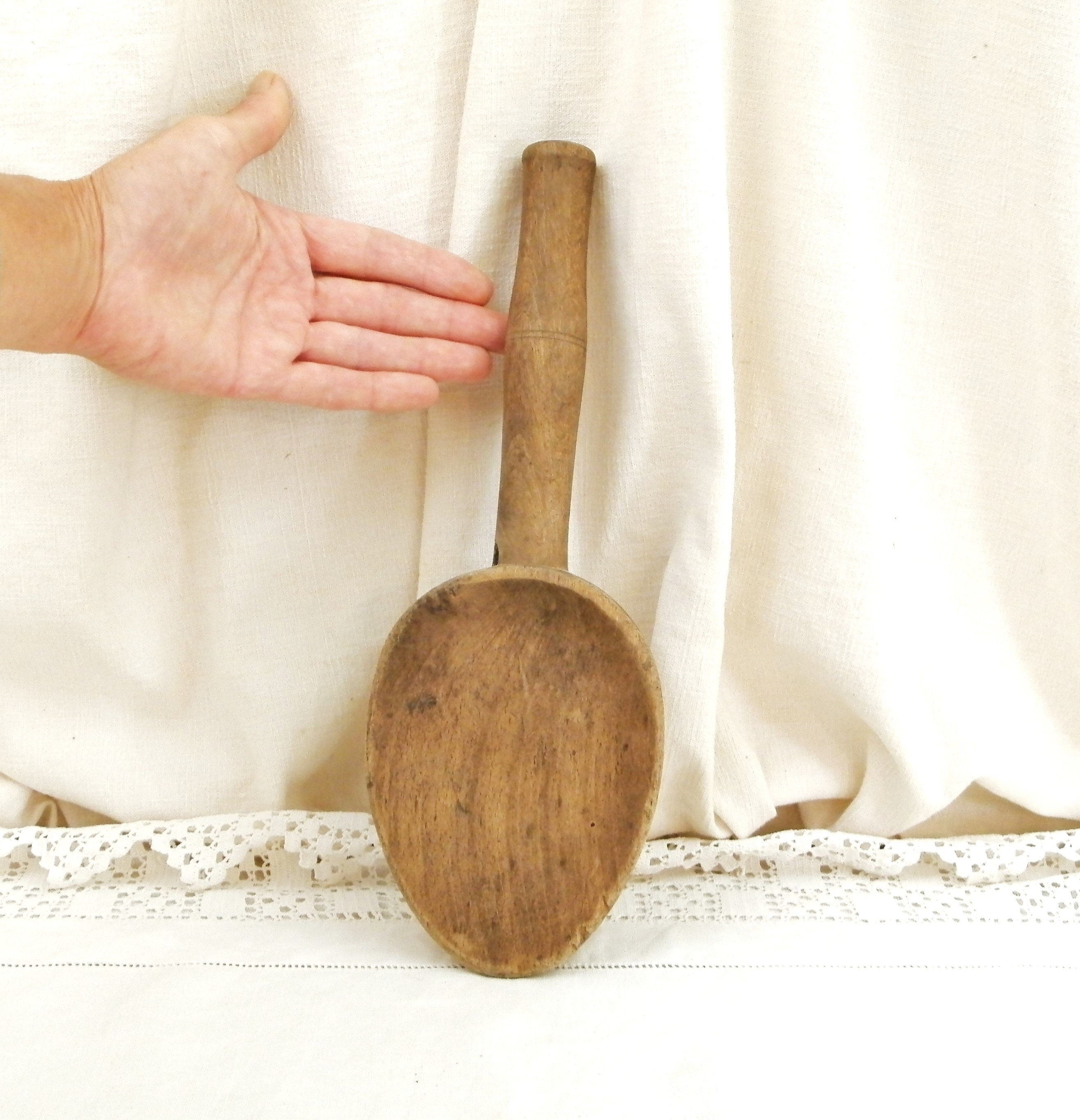 Large Antique French Wooden Butter Making Spoon, Old Diary Utensil from
