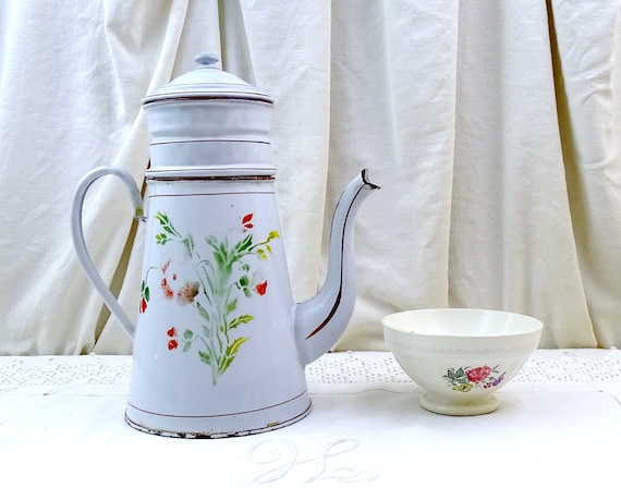 Large Antique French White Colored Porcelain Enamel Goose Neck Coffee Pot with Stenciled Flower Pattern, Vintage Enamelware Cafetiere France