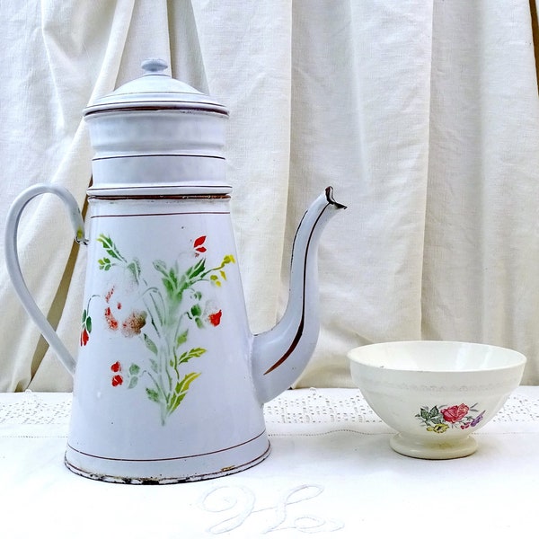 Large Antique French White Colored Porcelain Enamel Goose Neck Coffee Pot with Stenciled Flower Pattern, Vintage Enamelware Cafetiere France