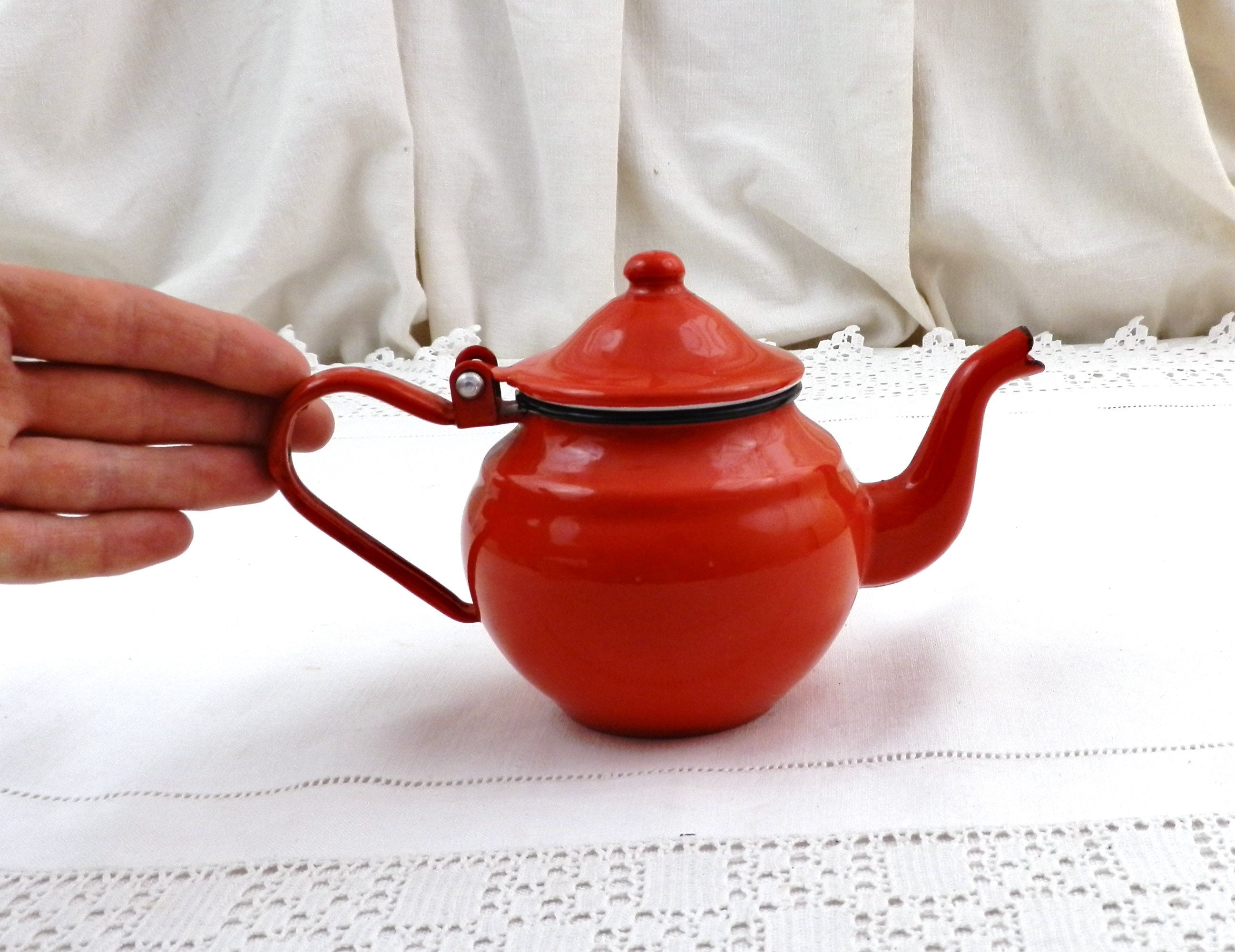 Small Vintage Unused Red Enamel Tea Pot with Goose Neck Spout, French