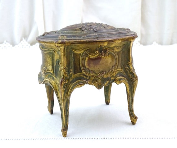 Antique French Worn Gold Plated Bronze Plated Ornate 4 Legged Jewelry Box, Retro Rococo Style Casket from France, Parisian Brocante Decor