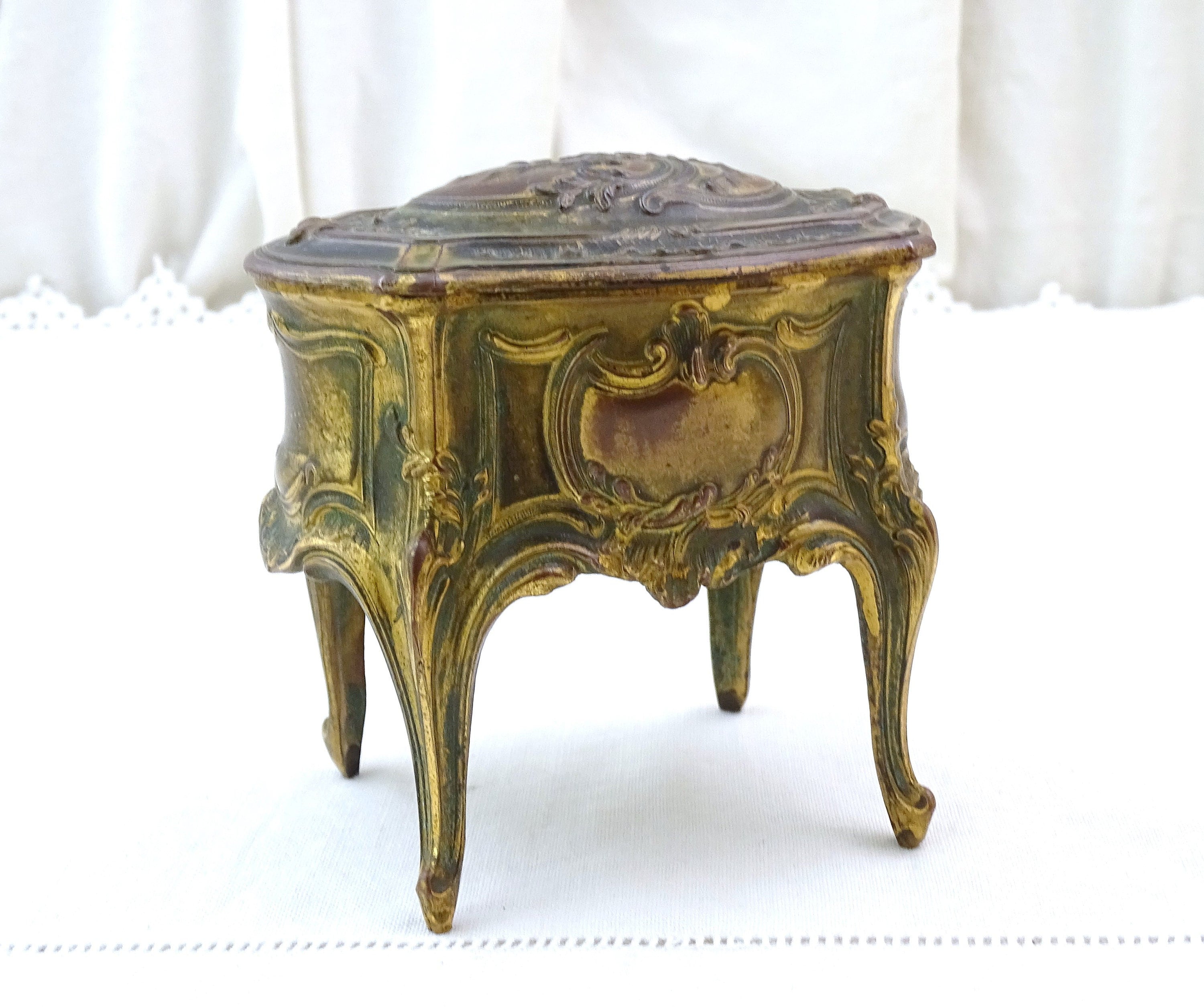 Antique French Worn Gold Plated Bronze Plated Ornate 4 Legged Jewelry Box,  Retro Rococo Style Casket from France, Parisian Brocante Decor