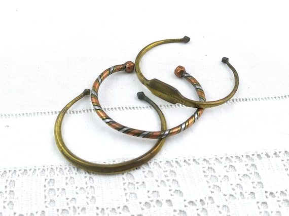 3 Vintage Brass Hand Engraved Tribal Bangles and Brass Copper Silver Tone Bracelets, African Tuareg Style Metal Ethnic Brass Cuffs