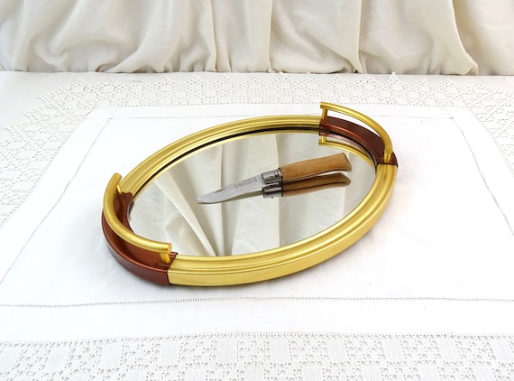 French Vintage Oval Mirrored Tray with Anodized Metal Handles and Frame, 1950s Table Carrier with Mirror and Colorful Handles, Curio Decor