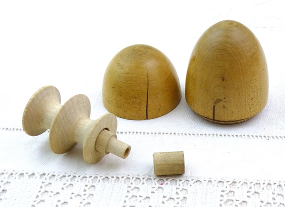 Antique French Turned Wooden Darning Egg Yarn and Needle Holder, Vintage Victorian Travel Sewing Repair Kit of Wood from France, Curio Item