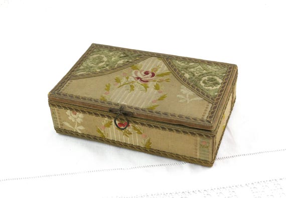 Antique French 19th Century Fabric Covered Wooden Box with Gold Trims, Retro Material Container from France, Shabby Chateau Chic Storage
