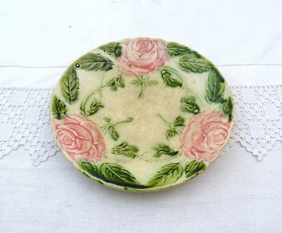 Antique French Majolica Pink Rose Flower Ceramic Plate, Victorian Pottery Wall Decor from France, Country Cottage Farmhouse Pastel Decor