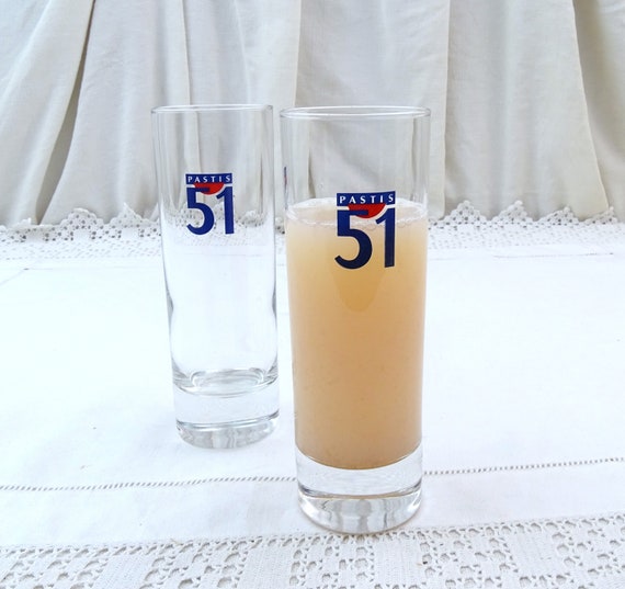 2 French Vintage Tall Thin Pastis 51 Glasses, Pair French Aperitif Tumblers, Retro Pernod Ricard Cote D'Azur Barware South of France