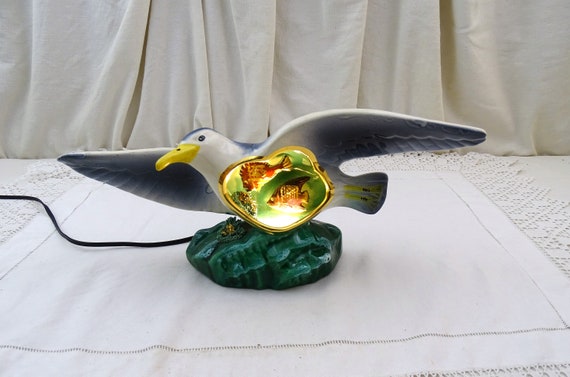 French Vintage Mid Century Vallauris Seagull Shaped Table Lamp with Fish, Monaco Encrusted Light 1960s Fun Novelty Zoomorphic Bird Lighting