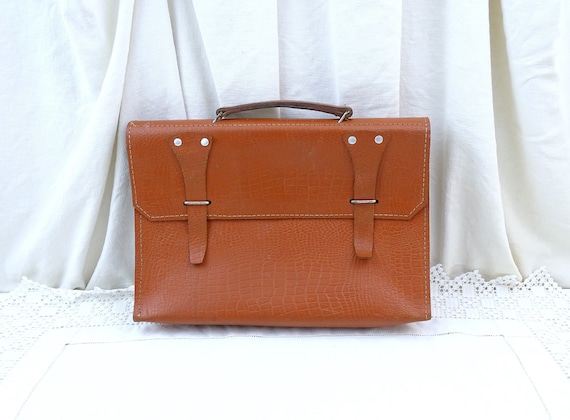 Vintage Brown Leather Satchel with Top Handle and Simple Straps, Retro Brief / Attache Case from France, Note Book / Sheet Music Carrier