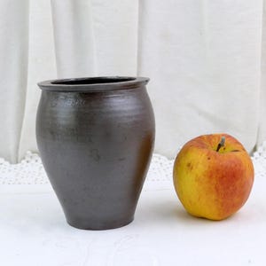 Peut inclure: Un pot en céramique brun foncé de forme bulbeuse avec un bord large et plat, présentant une finition lisse et légèrement réfléchissante. Le récipient est placé à côté d'une pomme ronde aux teintes rouges et jaunes pour donner l'échelle.