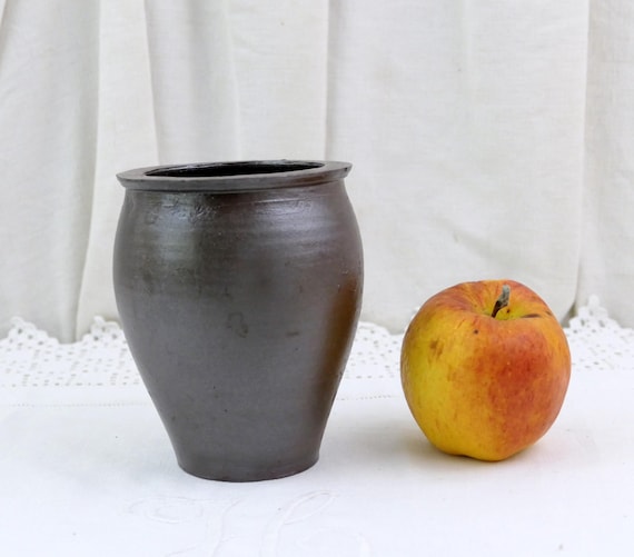Small Antique French Dark Earthenware Crock,  Vintage Rustic Farmhouse Kitchen Vessel, Retri  Country Decor Desk Tidy Pottery Pot France
