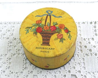 Small Antique 1920s French Houbigant Round Powder Box in yellow with Flower Basket Design, Retro Art Deco Packaging from  Paris France