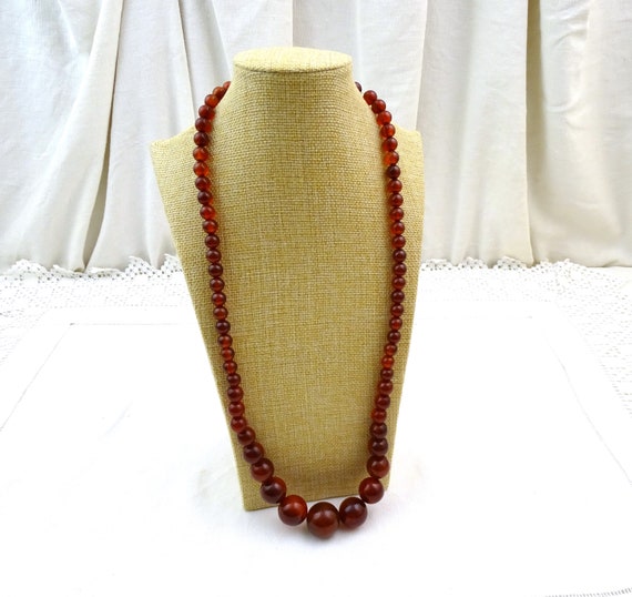 Long Vintage French Marbled Translucent Cherry Catalin Graduated Bead Necklace 81 Gm, Retro 1930s Bakelite Beaded Jewelry, Red Orange Juice