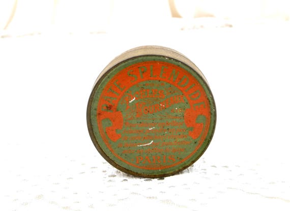Antique French Metal Tin with Belle Epoque Graphics in Orange and Green Range Paste "Pate Splendide" from Paris, Polish Box from France