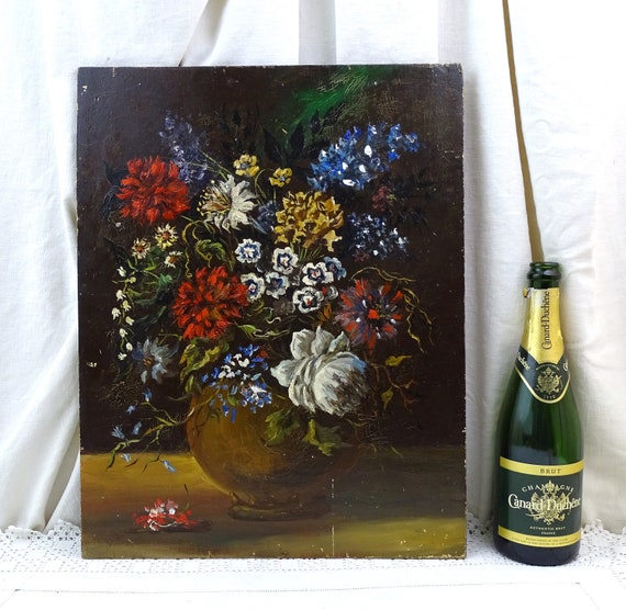 Large Antique French Still Life Floral Composition Oil Paining on Wooden Board, Big Old Masters Style Hand Painted Picture of Flowers France