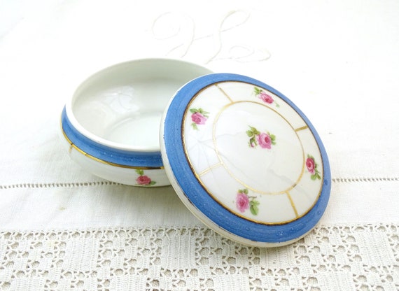 Vintage French Limoges Porcelain Round Powder Box with Small Pink Rose Flower Pattern on Blue and White, Retro China Cottagecore Bonbonniere