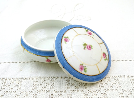 Vintage French Limoges Porcelain Round Powder Box with Small Pink Rose Flower Pattern on Blue and White, Retro China Cottagecore Bonbonniere